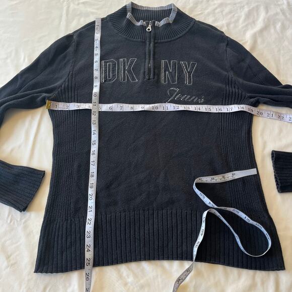 Y2K 2000s DKNY Black Knit Quarter Zip Logo Pullover Sz XL Rhinestone - Picture 7 of 7